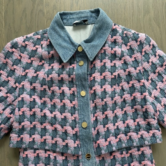 Sandro Amadora Dress Pink Blue Denim Trim Houndstooth Tweed Mini FR 36 US 4 - Picture 7 of 15